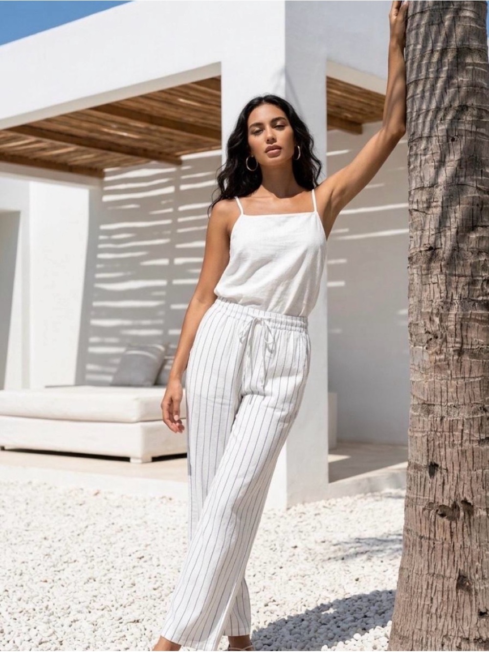 Sienna Sky White Pinstripe Wide-Leg Linen-Blend Pants